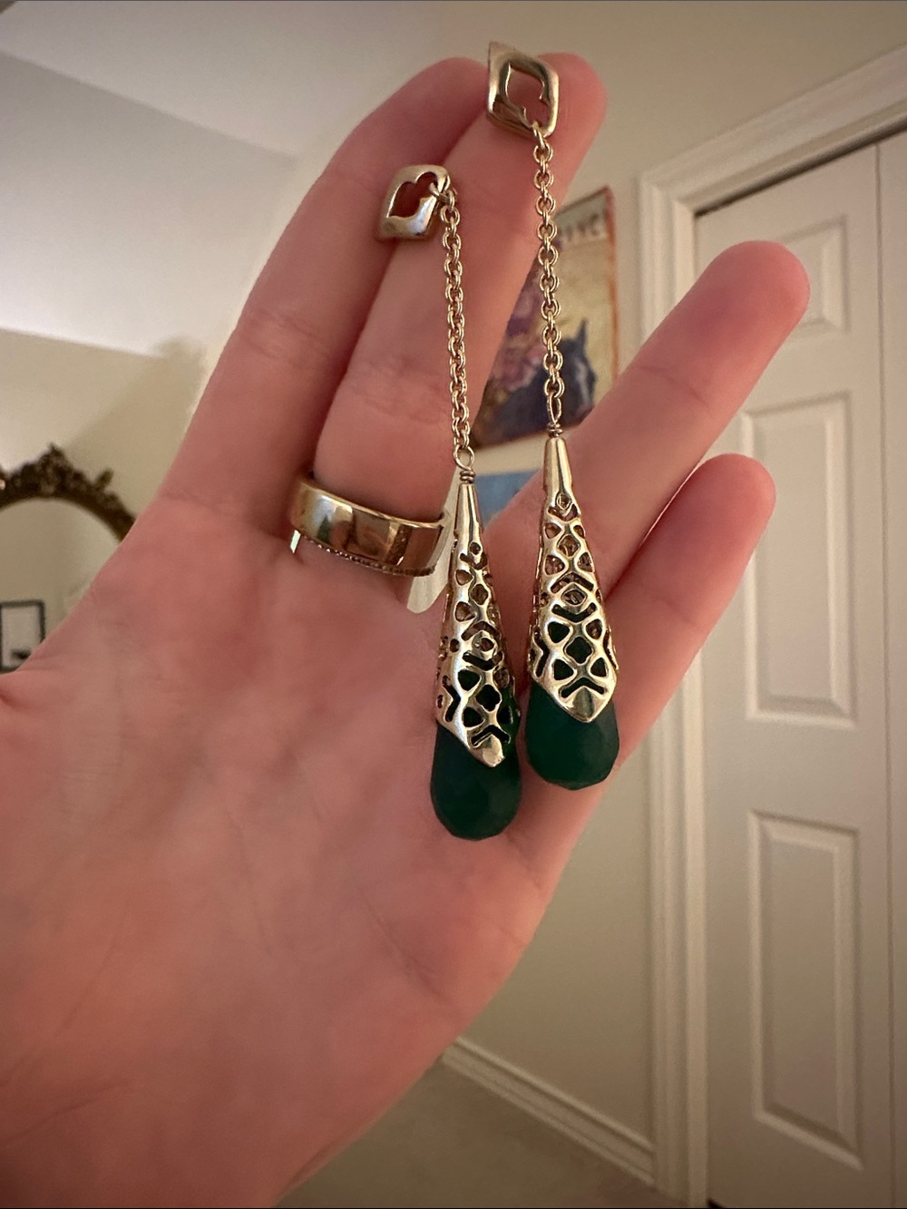 Kendra Scott Gold Drop Earrings with Green Stones - Picture 2 of 2